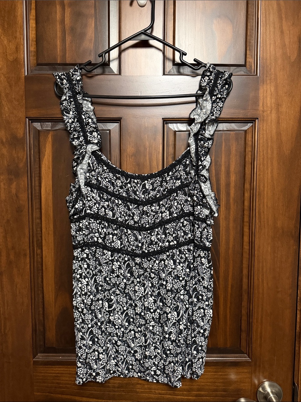 Maurices Black & White Floral Ruffle Strap Tank